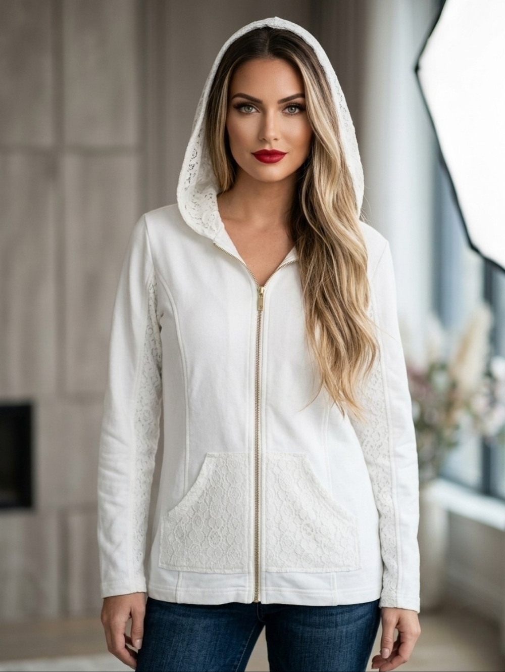 Chico's Small 0 Off White Hoodie Sweatshirt Lace Inserts Hood